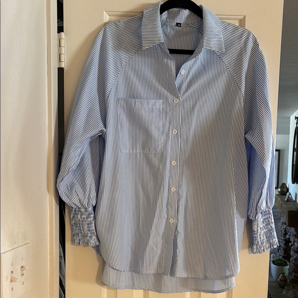 Women's Light Blue Pinstripe Button-Down Shirt with Smocked Cuffs